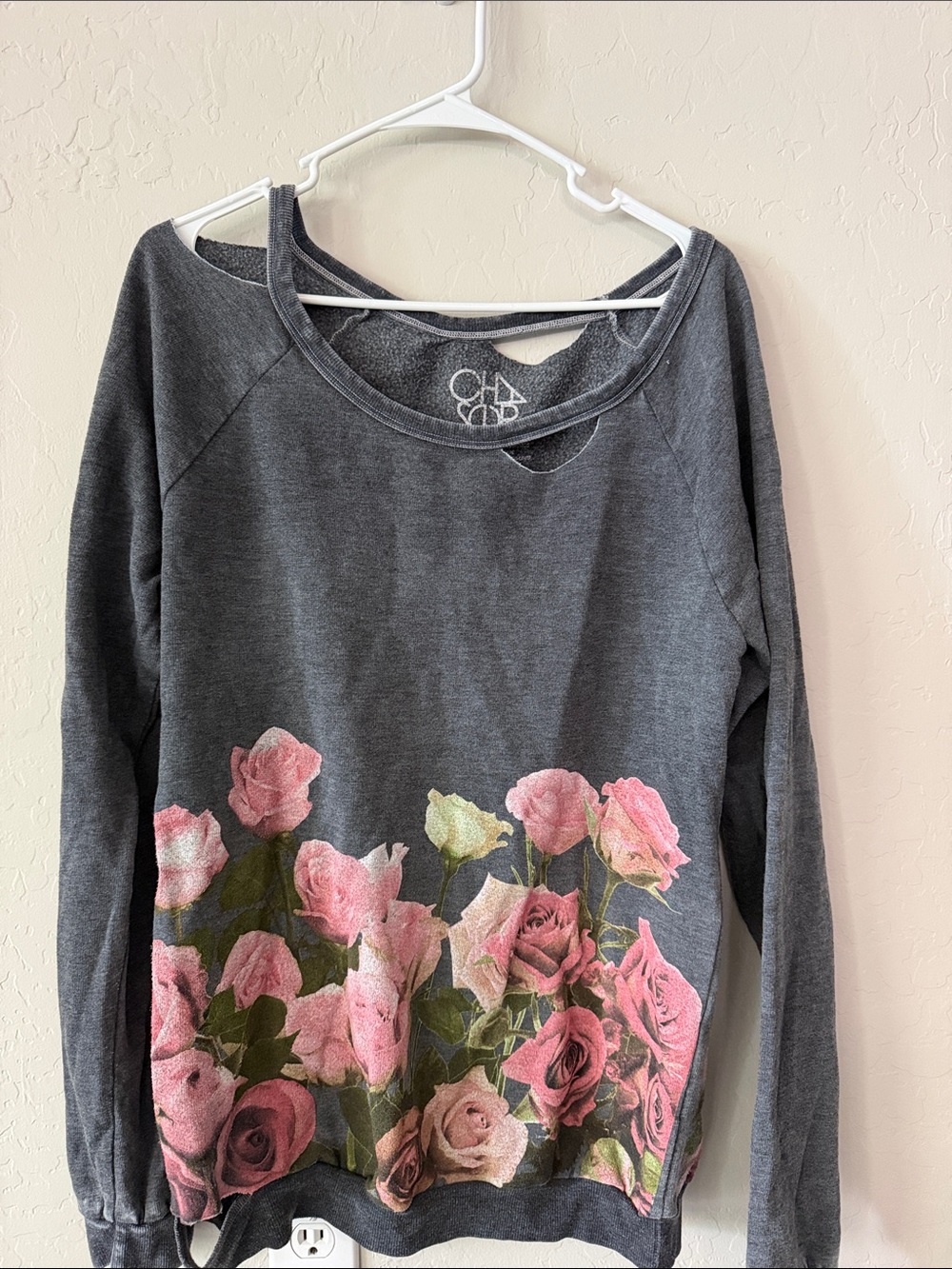 Chaser Charcoal Crewneck Sweatshirt with Pink Rose Print